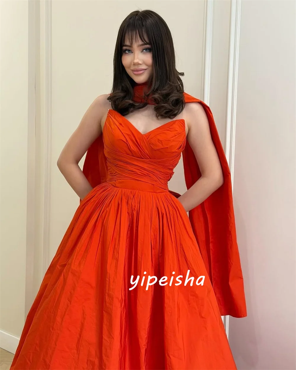 Customized Orange Fashion Modest Pleat Ruched Shawl A-line Strapless Floor-Length Evening Dresses Sizes Available for Woman