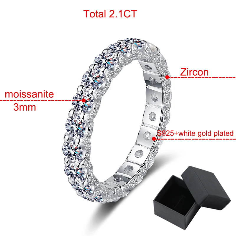 Smyoue 2.1CT White Gold Plated Moissanite Rings for Women 100% 925 Sterling Silver Full Enternity Diamond Band Wedding Ring GRA