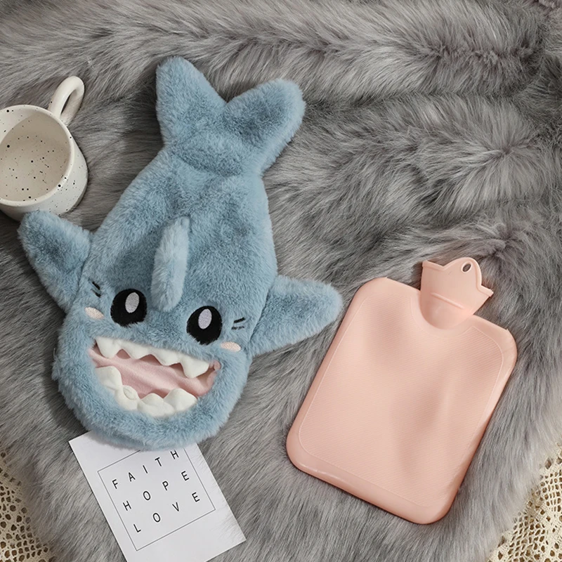 Portable Cute Plush Shark Hot Water Bottle Bag Stress Pain Relief Detachable Winter Warm Heat Reusable Hand Warmer 1000ML