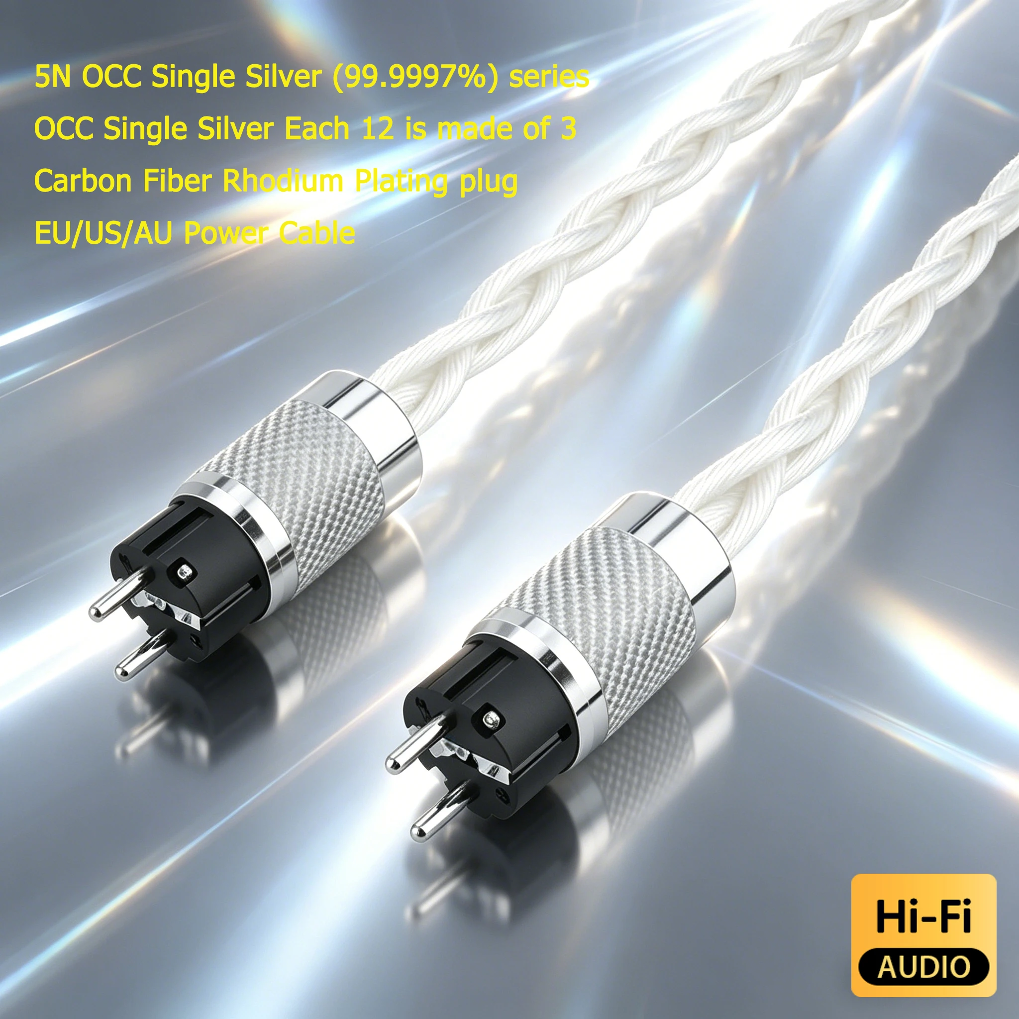 OCC Silver Plated Audiophile Power Cable, High Conductivity AC Mains Cord with Carbon Fiber EU Schuko & US Plug for HIFI System