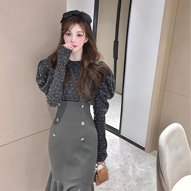 Elegant Fashion Sweater and Suspenders Skirt Two-piece Outfit Кастюмы Для Женщин Slim Fit Cinjunto De Dos Piezas Mujer