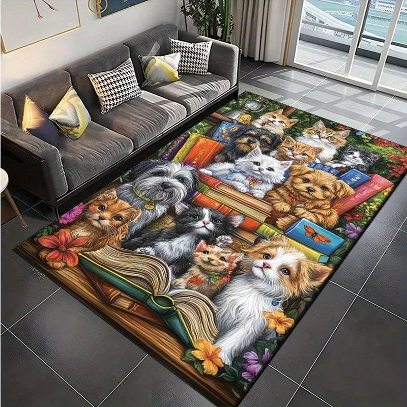 2D Pet Book Club Area Rug for Bedroom Living Room Office Non Slip Washable Floor Mat Home Decorative Soft Carpet for Indoor Use
