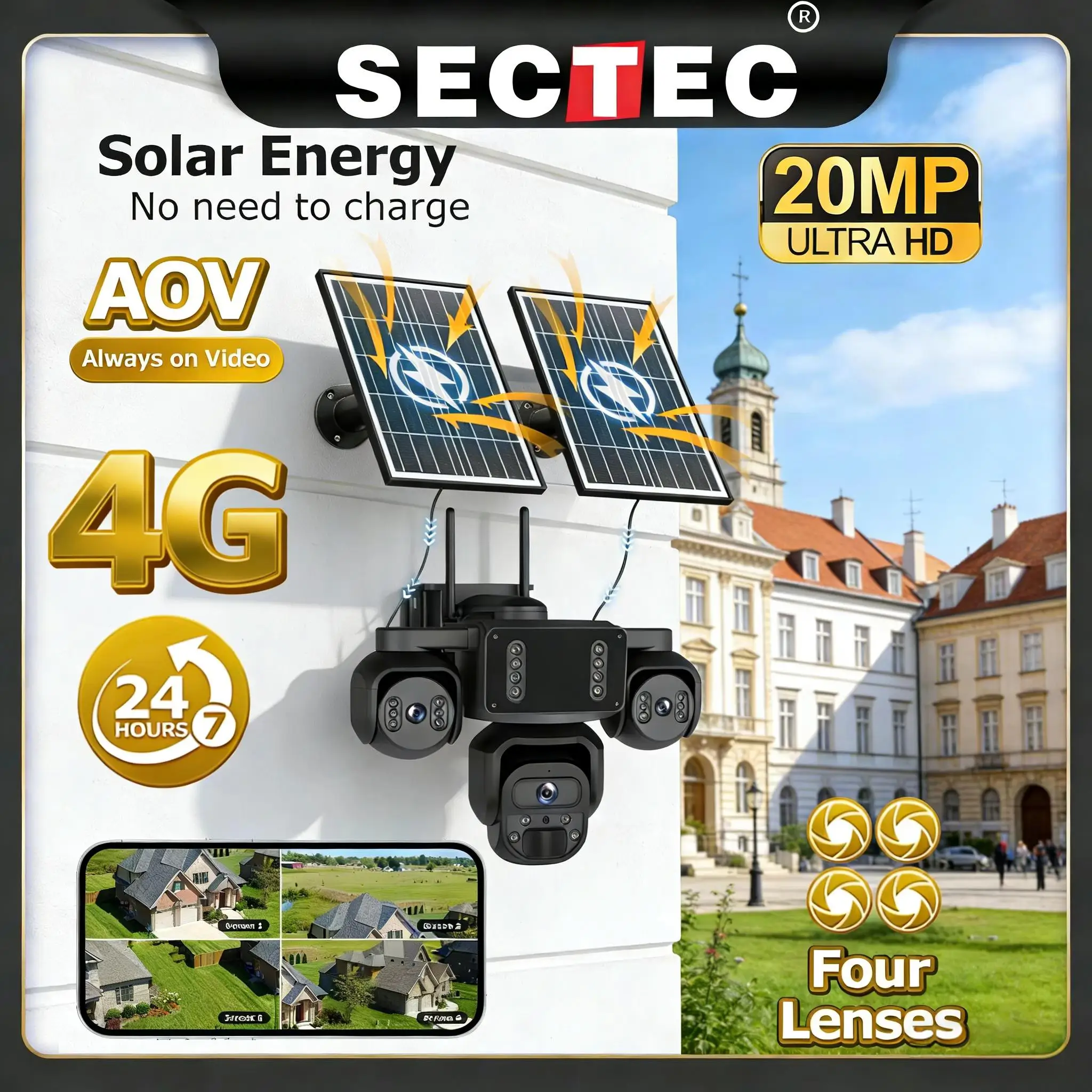 Sectec 20MP Solar Camera AOV 4G SIM Four Screen WIFI Wireless Outdoor Security PTZ Camera 7/24 Hour Video Recording OKAM Pro APP