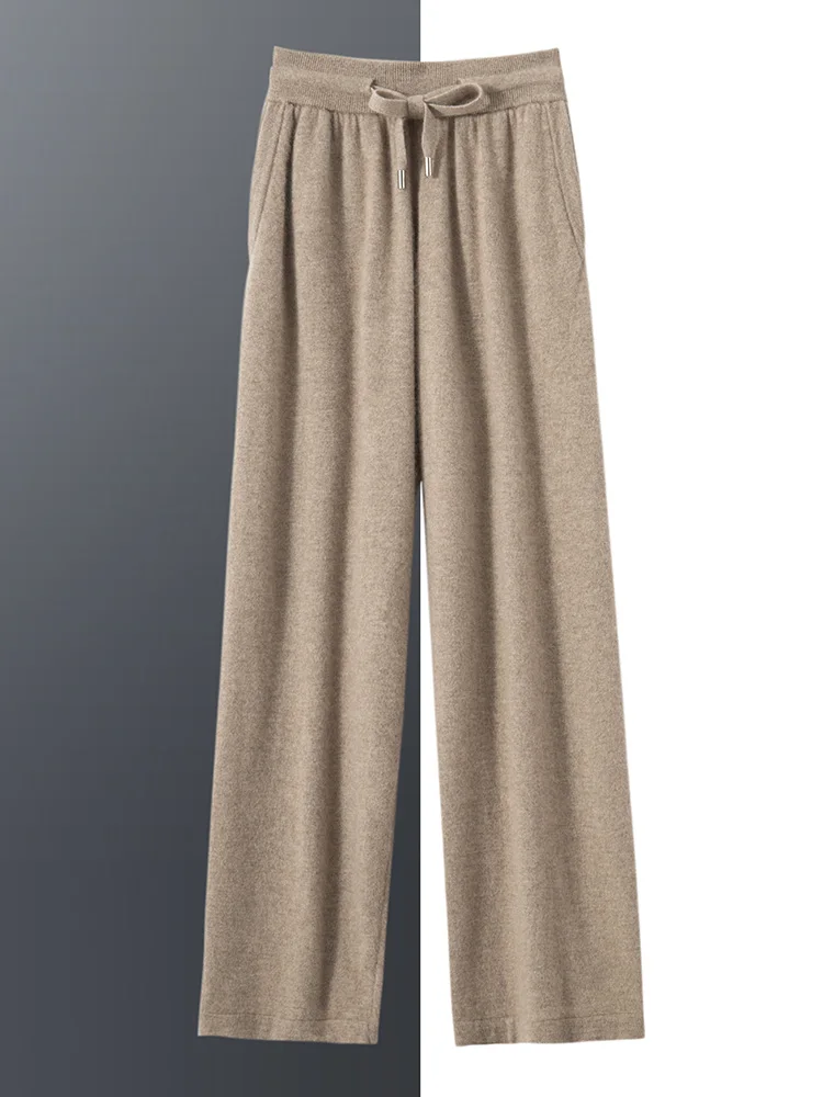 Men's Cashmere Straight Pants Autumn Winter Solid Regular 100% Cashmere Knitted Thin Elastic Waist Trousers Casual Lace-up Pants