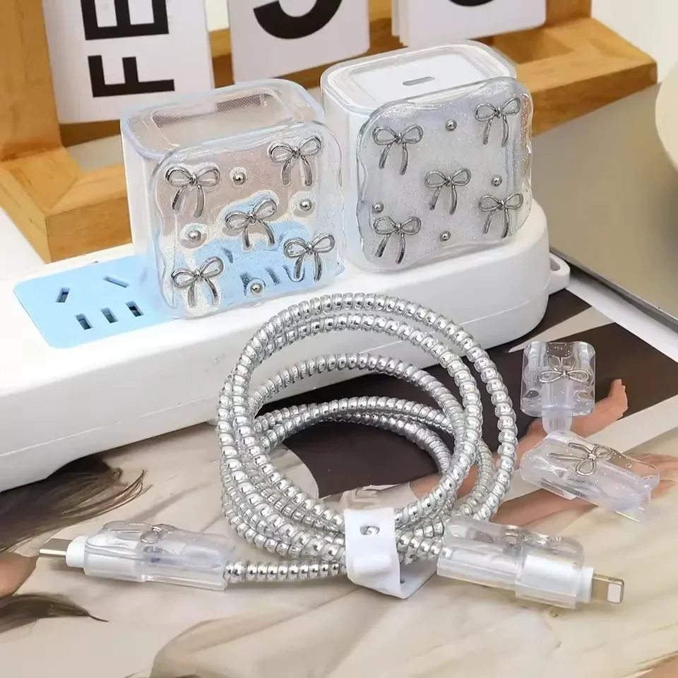 Kawaii Cute Clear Bowknot Pearl Wave Border Epoxy USB Protector Cover For iPhone 18W-20W Data Line Head Cord Fast Charging Case