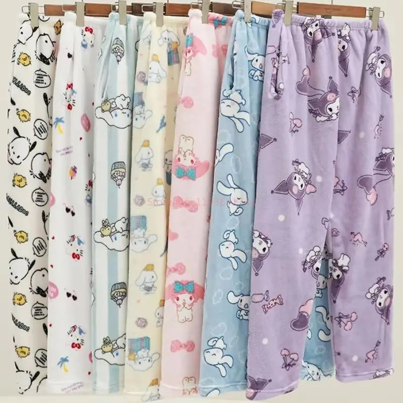 Sanrio Hello Kitty Y2k Kawaii Pyjama Flanel Vrouwen Warme Wollen Witte Cartoon Anime Casual Thuis Broek Herfst Broek