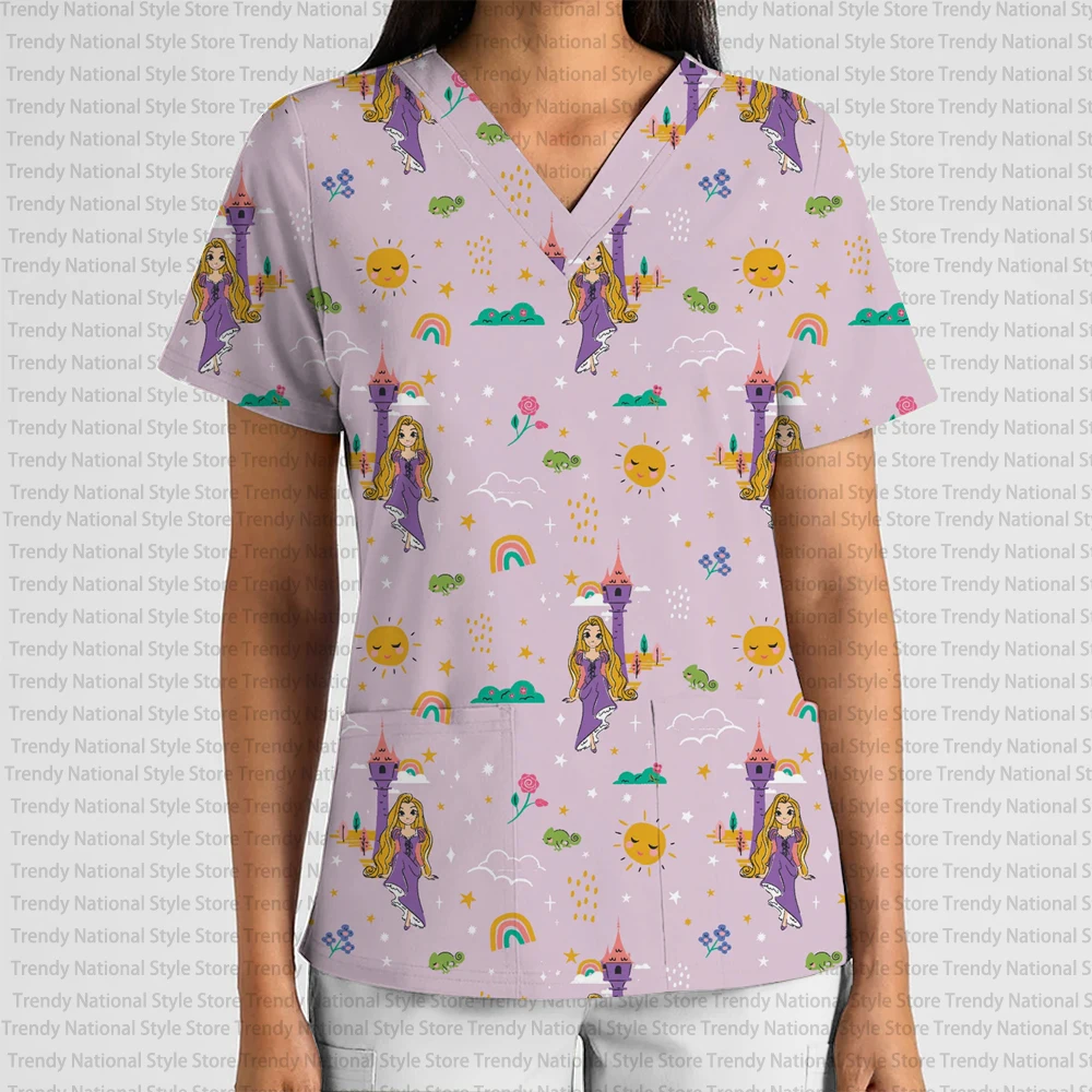 T-shirt de travail pour femmes, série Disney Princess, imprimé, col en V, poche, finition givrée, pour hôpital, clinique, dentiste