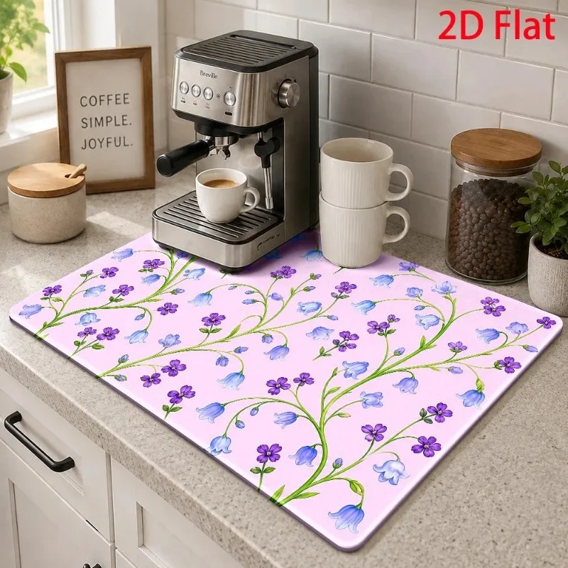 Kitchen Drainage Mat 2D Flat Highland Cow Floral Pad Super Absorbent Espresso Coffee Maker Support Countertop Placement
