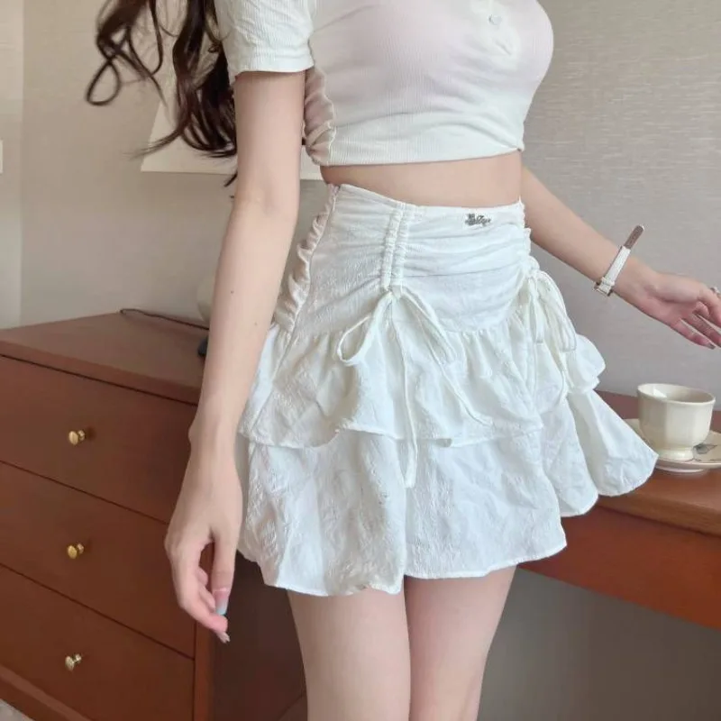 Solid Skirts Women Summer Girls Hotsweet Bow Shirring Designed Korean Style Y2K Retro High Waist Attractive Prevalent Trendy