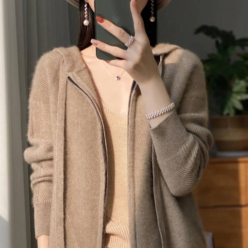 秋と冬のクラシック女性のニットウールパーカー長袖ジッパーセーター通気性ソフトルーズ高品質トップ
