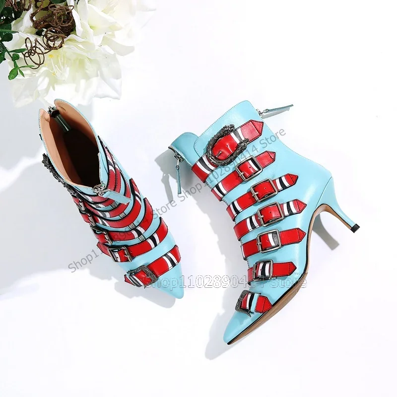 

Red Buckle Zipper Decor Blue Pointed Toe Ankle Boots Back Zipper Women Shoes Thin High Heels Fashion 2023 Zapatos Para Mujere