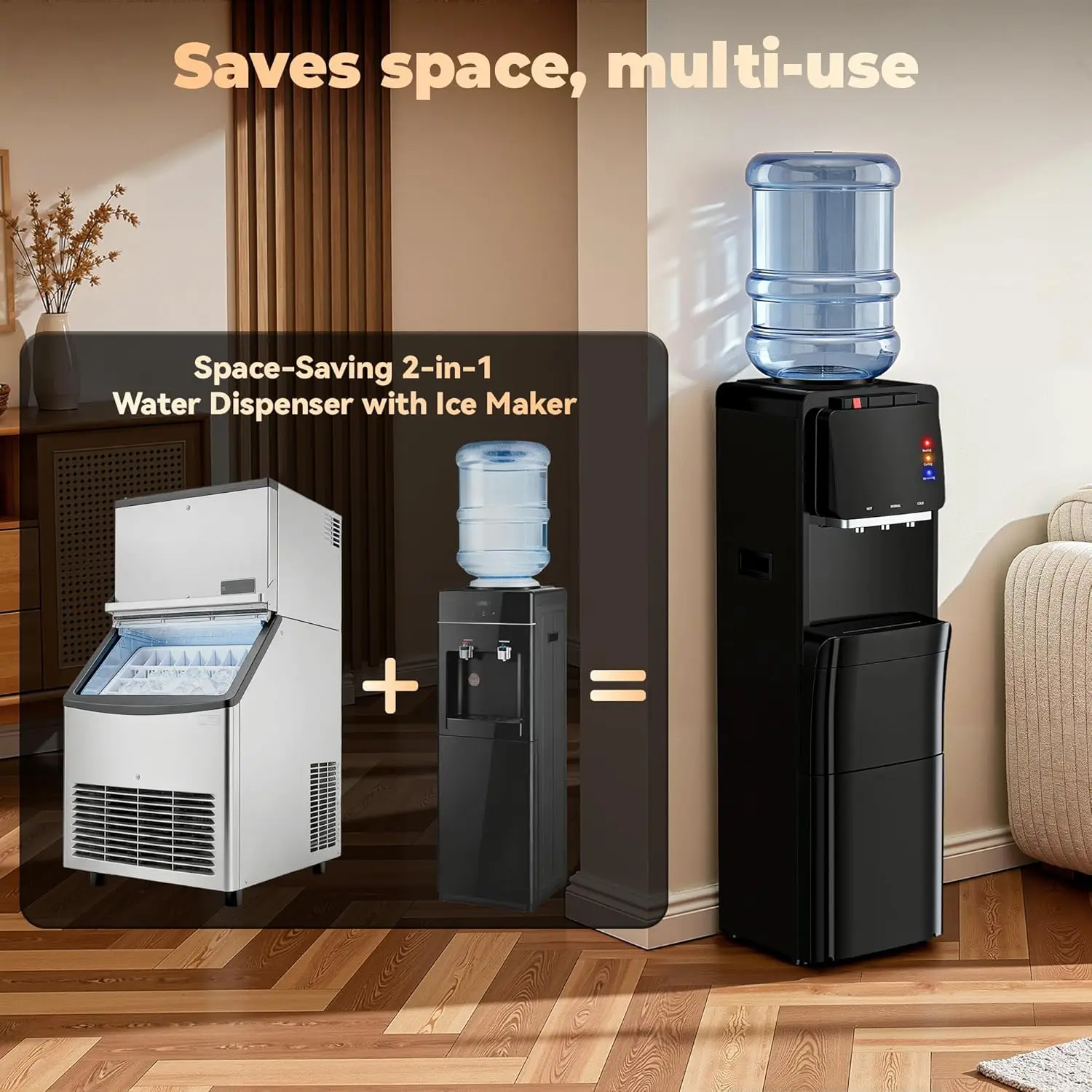 

Water Dispenser with Ice Maker, 4-in-1 Top Loading Cooler with Hot, Cold&Room Temp, 35lbs/Day Fast Ice Making, Child Safety Lock