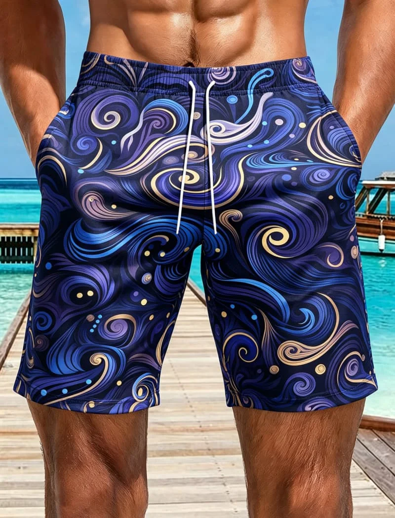 Men's abstract art printed quick drying beach shorts with eye-catching abstract patterns, suitable for summer coastal vacations