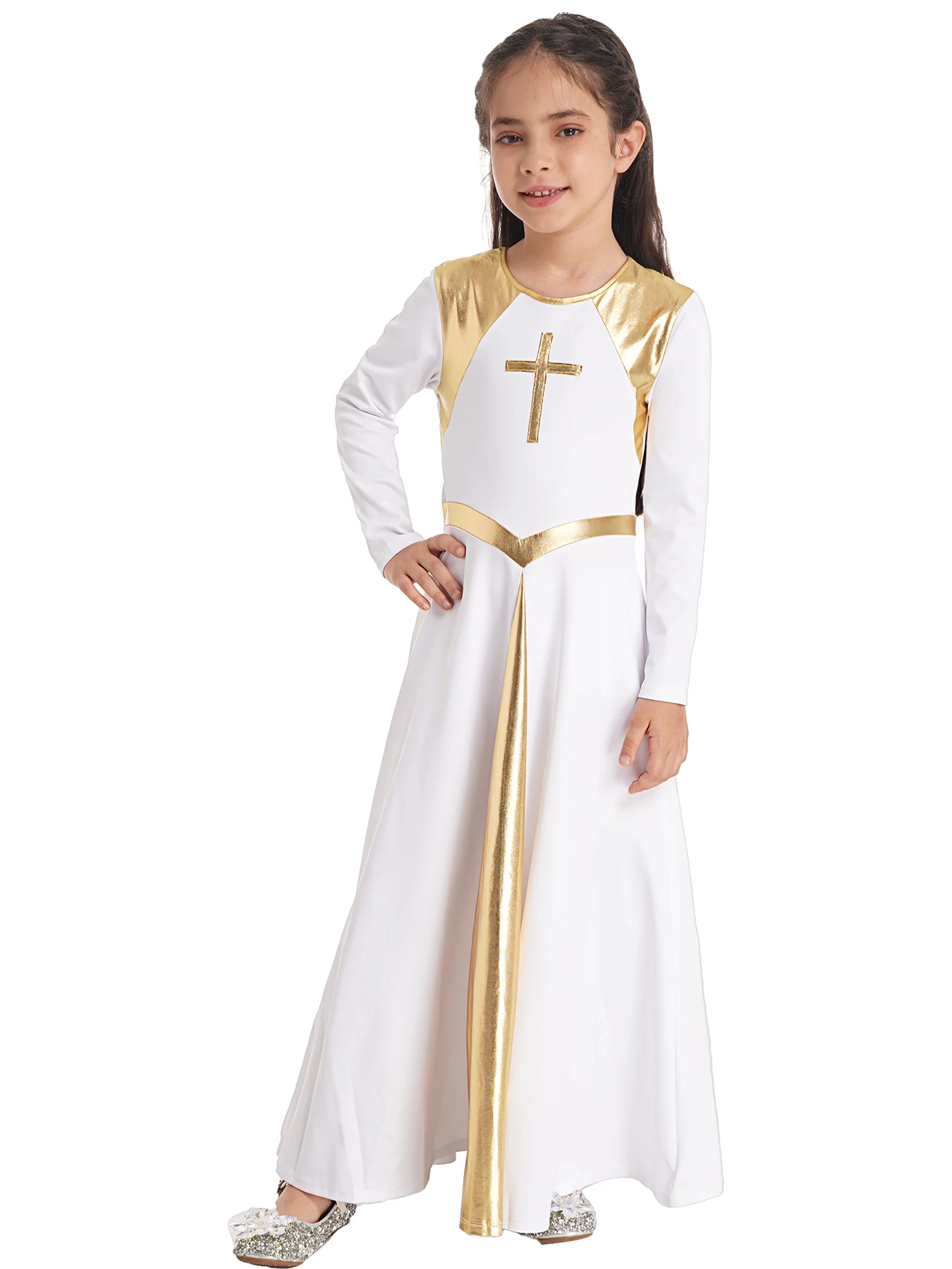 Girls Long Church Party Dancewear Liturgical Praise Lyrical Worship Dance Costume Kids Slim Waist Long Dress Stage Performance