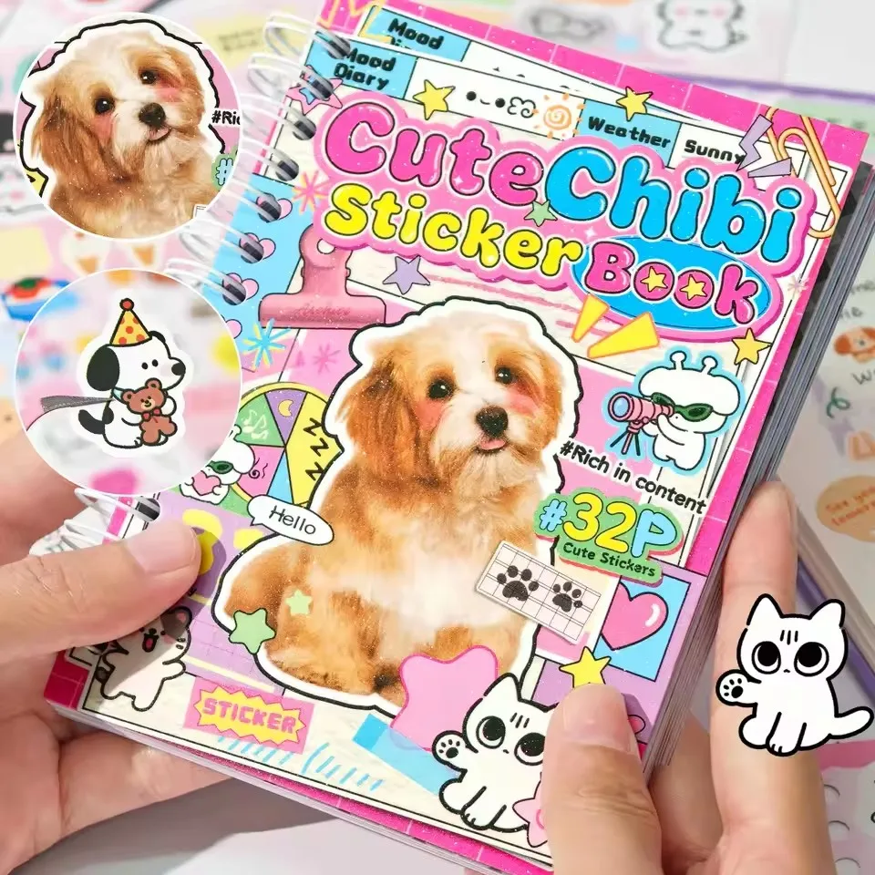 32pcs Cute Animal Sticker Book Double Spiral Binding with Built-In Die-Cutting DIY Decoration Sticker Material Books for Journal