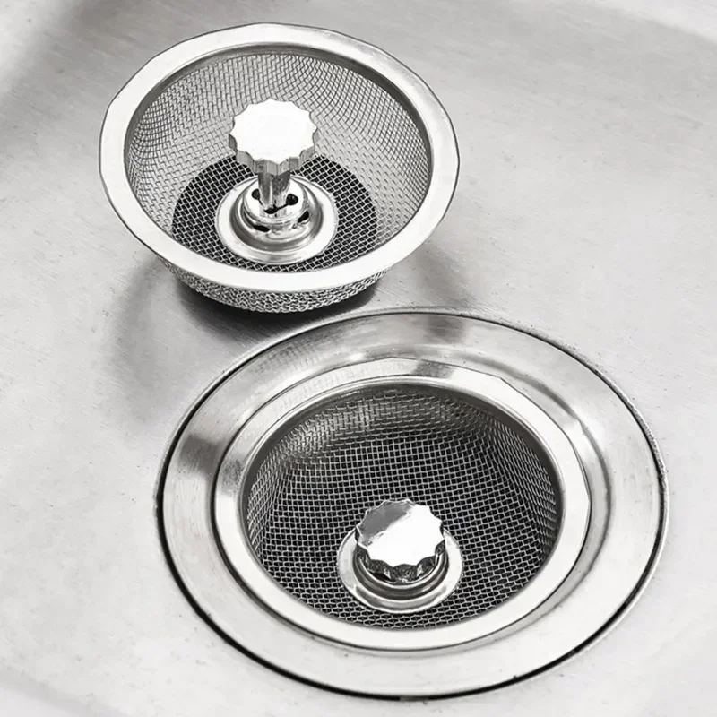 Kitchen Sink Strainer with Handle & Stopper Replacement Sink Drain Basket Stainless Steel Mesh Filter Strainers Waste Hole Trap