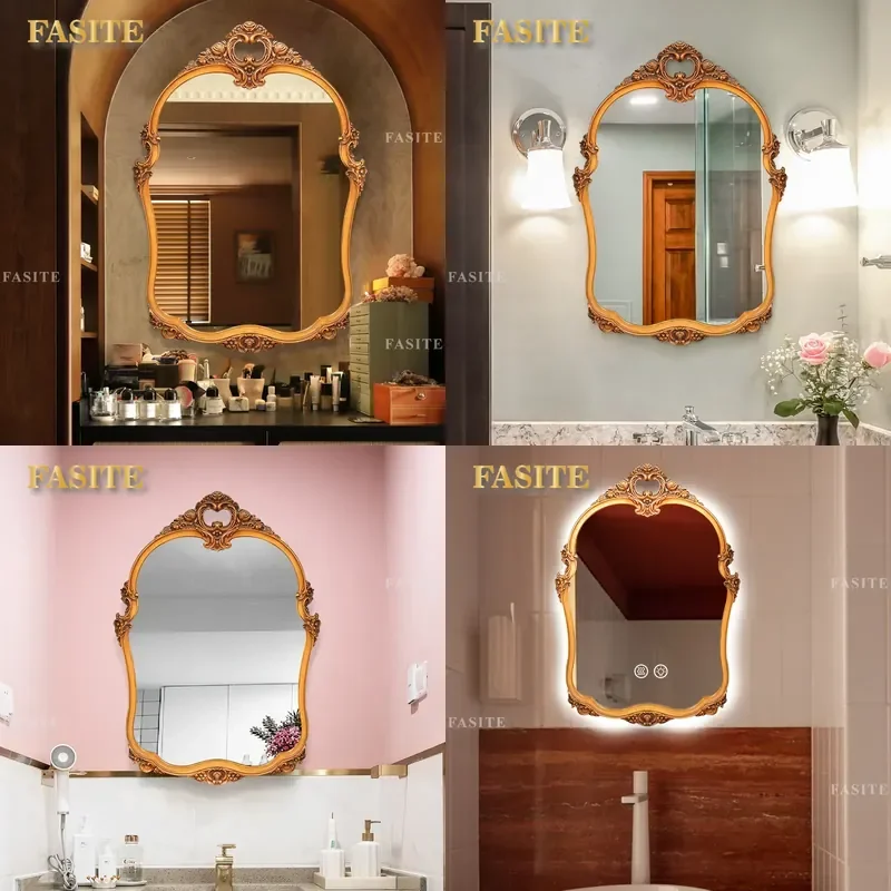 For European Carved Bathroom Mirror Anti Fog Wall Mounted Decorative Mirror with Lamp Makeup Mirror for Living Room Corridor