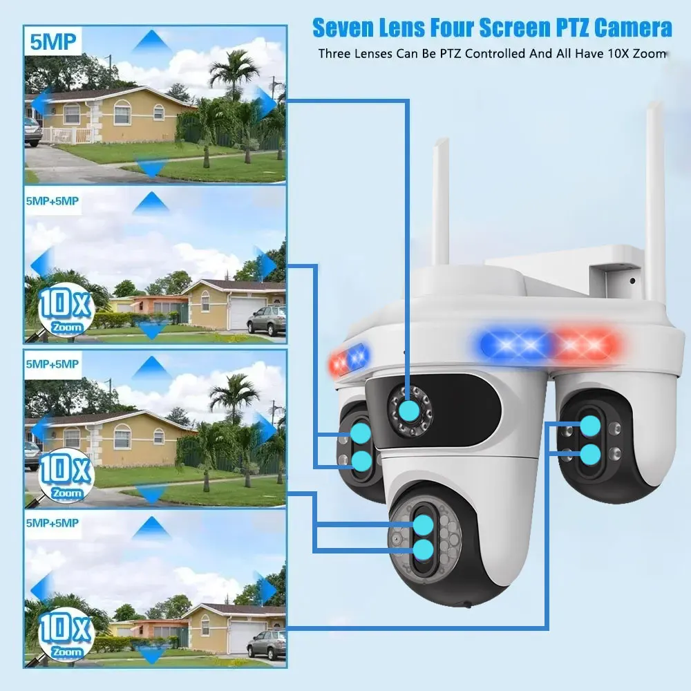 

35MP 7 Lens WiFi Camera 10X Zoom CCTV 4 Screen Wireless Outdoor Surveillance Cam Auto Tracking PTZ Cameras WiFi Security Camera