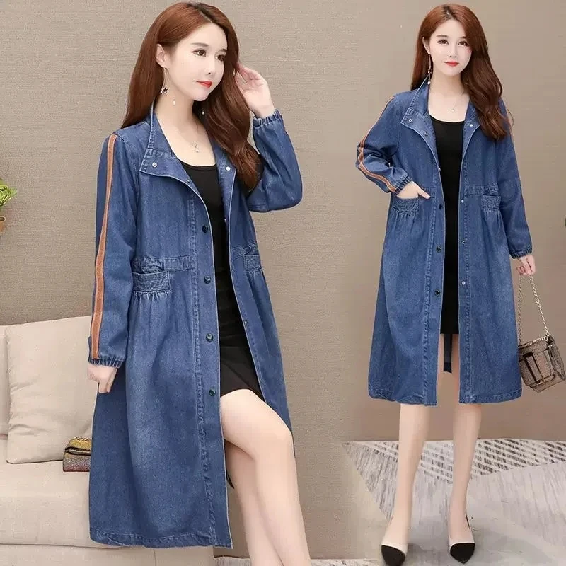 

Cowboy Trench Coat Womens 2026 Spring Autumn New Korean Loose Fashion Plus Size Denim Jacket Female Polo Collar Long Outerwear