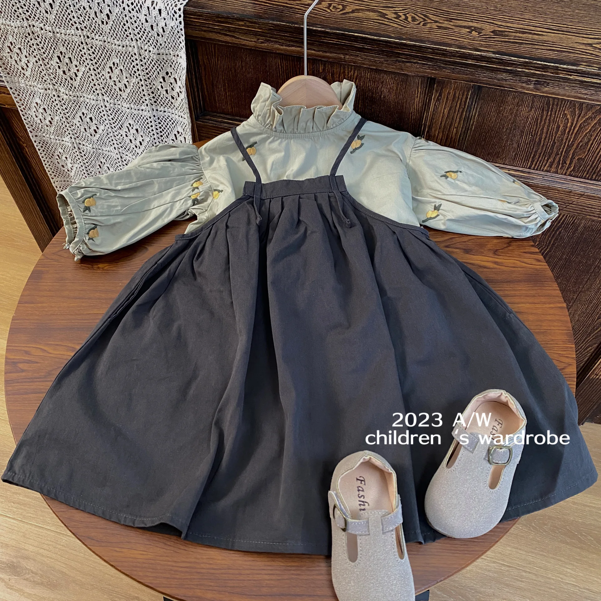 Girl Dress Korean Style Children Clothing 2024 Spring and Summer New Retro Baby Girl Solid Grey Dress Fashion Style Slip Skirt