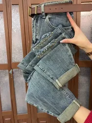 2023 Hole Spring Autumn High Waist Straight Jeans Loose Fit Stretch Haren Denim Pants Ladies Ankle-Length Jeans Pants 4XL