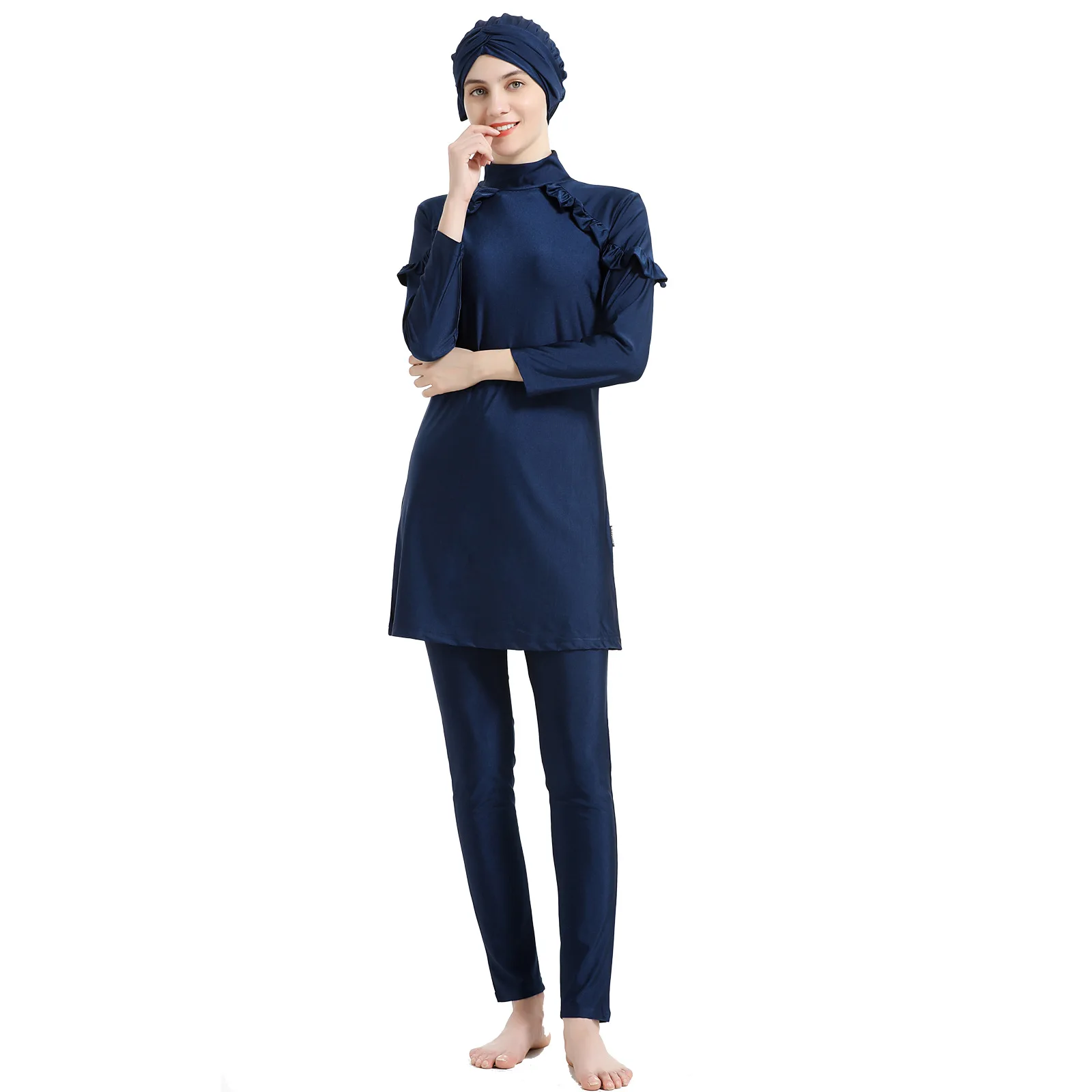 2026 New 3Pcs Ruffle Muslim Burkini Set Solid Navy Long Sleeve Full Coverage Modest Islamic Swimwear With Hijab Leggings