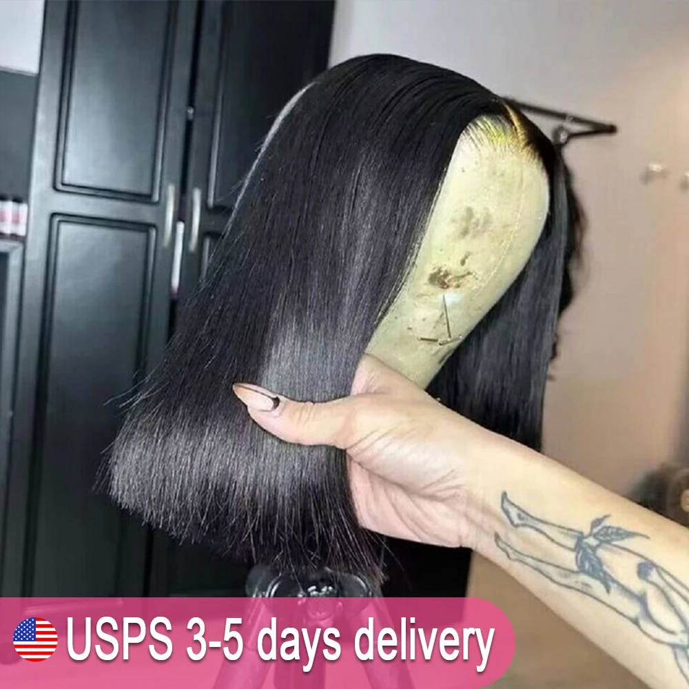الباروكات شعر الإنسان مستقيم بوب شعر مستعار 180% الكثافة غلويليس 16 بوصة بوب شعر مستعار شعر الإنسان 7x5 HD قبل قطع الدانتيل إغلاق الباروكات شعر الإنسان