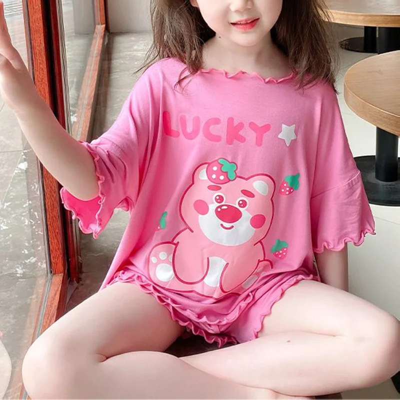 Estate Nuovi Set di T-shirt a maniche corte per ragazze Cute Kuromi Cartoon Stampa Abiti da notte 2 pezzi Disney Pantaloncini per bambini Abiti