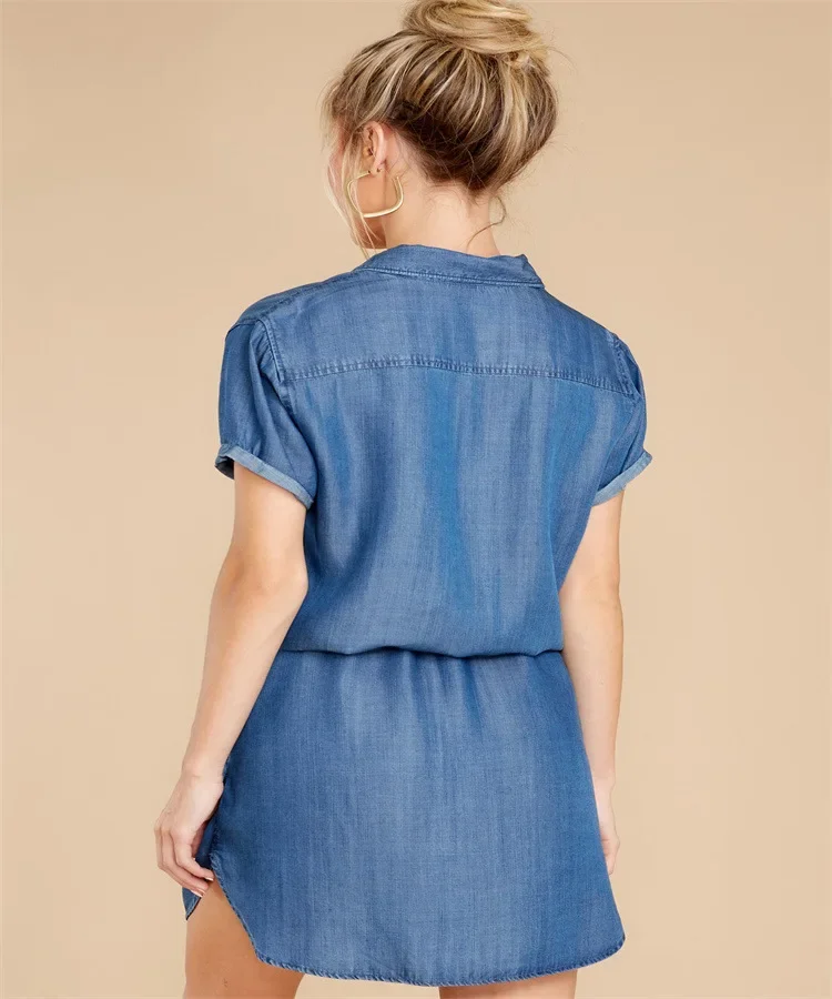قمصان جينز نسائية عصرية أمريكية جديدة بلون سادة وأزرق داكن وأكمام قصيرة سترات نسائية عصرية غير رسمية تنورة ملابس الشارع الشهير