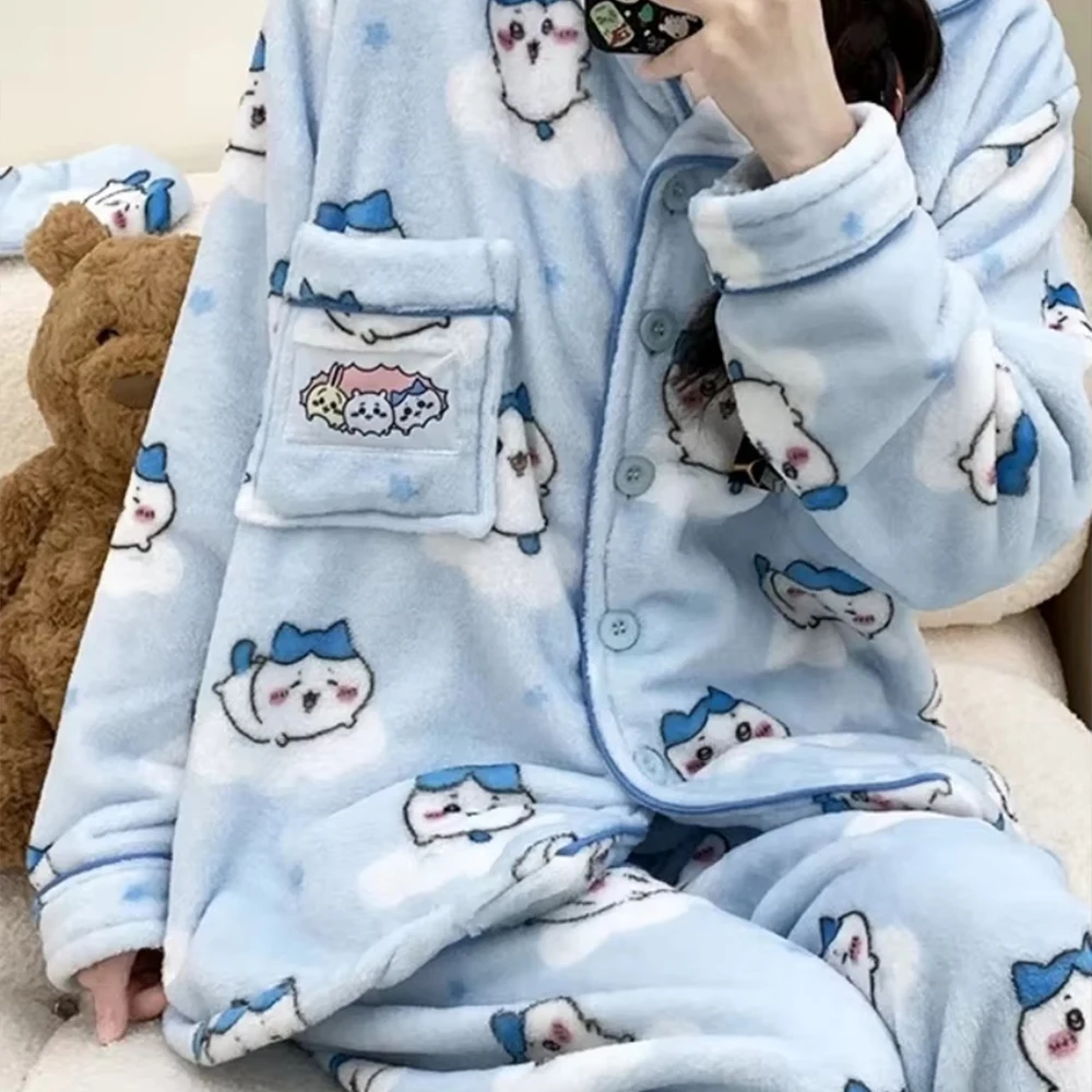 

Chiikawa Hachiware Winter Pajamas Set Cartoon Flannel Sleepwear Pants Usagi Japanese Y2K Anime Warm Pajama Student Home Clothes