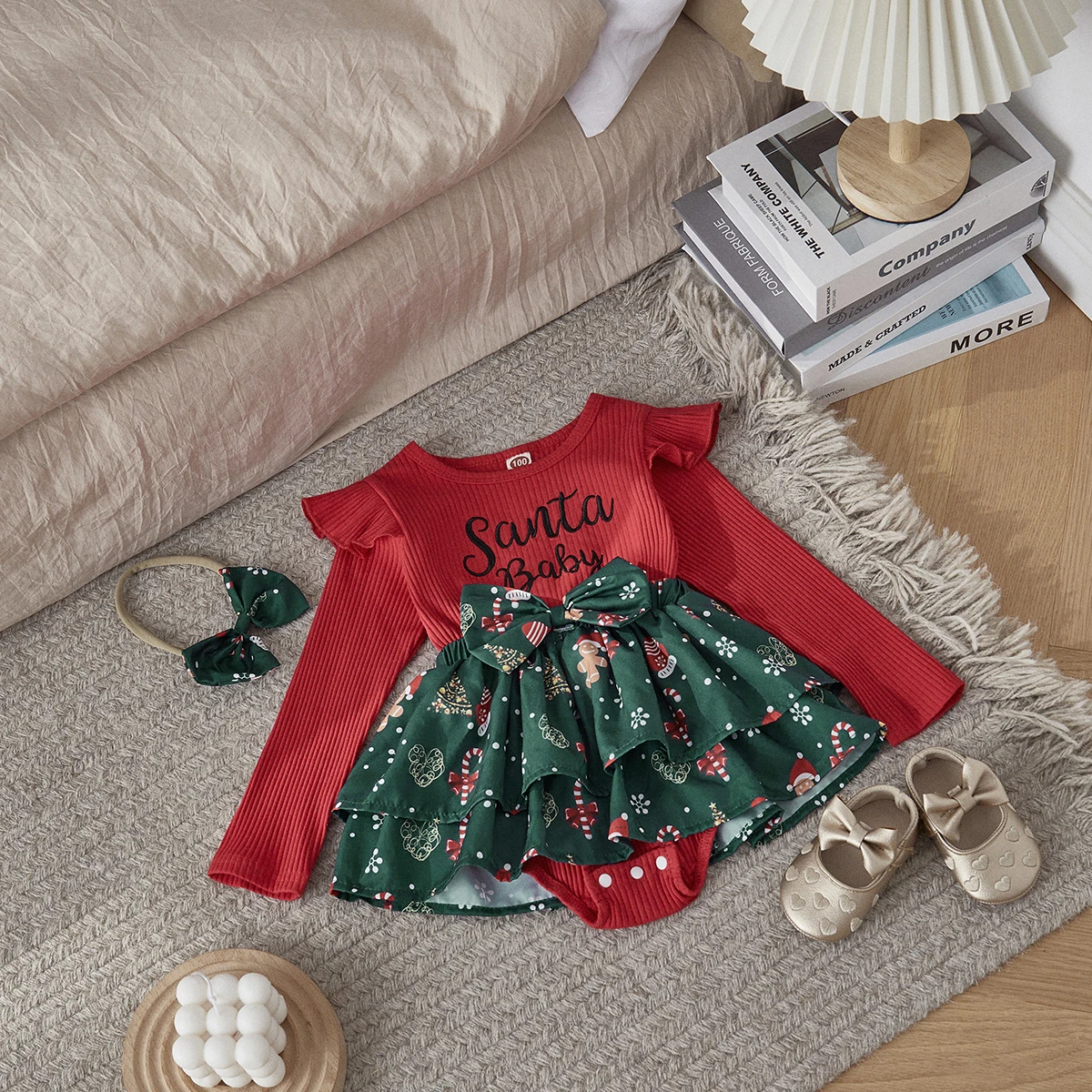 Christmas 0-2Y Baby Girls Romper Dress Long Sleeve Letter Santa Hat Print Romper with Bow Headband