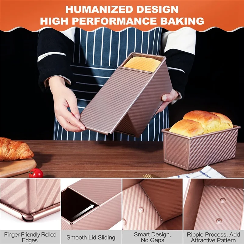 

Practical-Pullman Loaf Pan With Lid Non-Stick Sandwich Bread Loaf Pan Bread Toast Box Mold For Baking 1 Lb/0.5 Lb Capacity 2PCS
