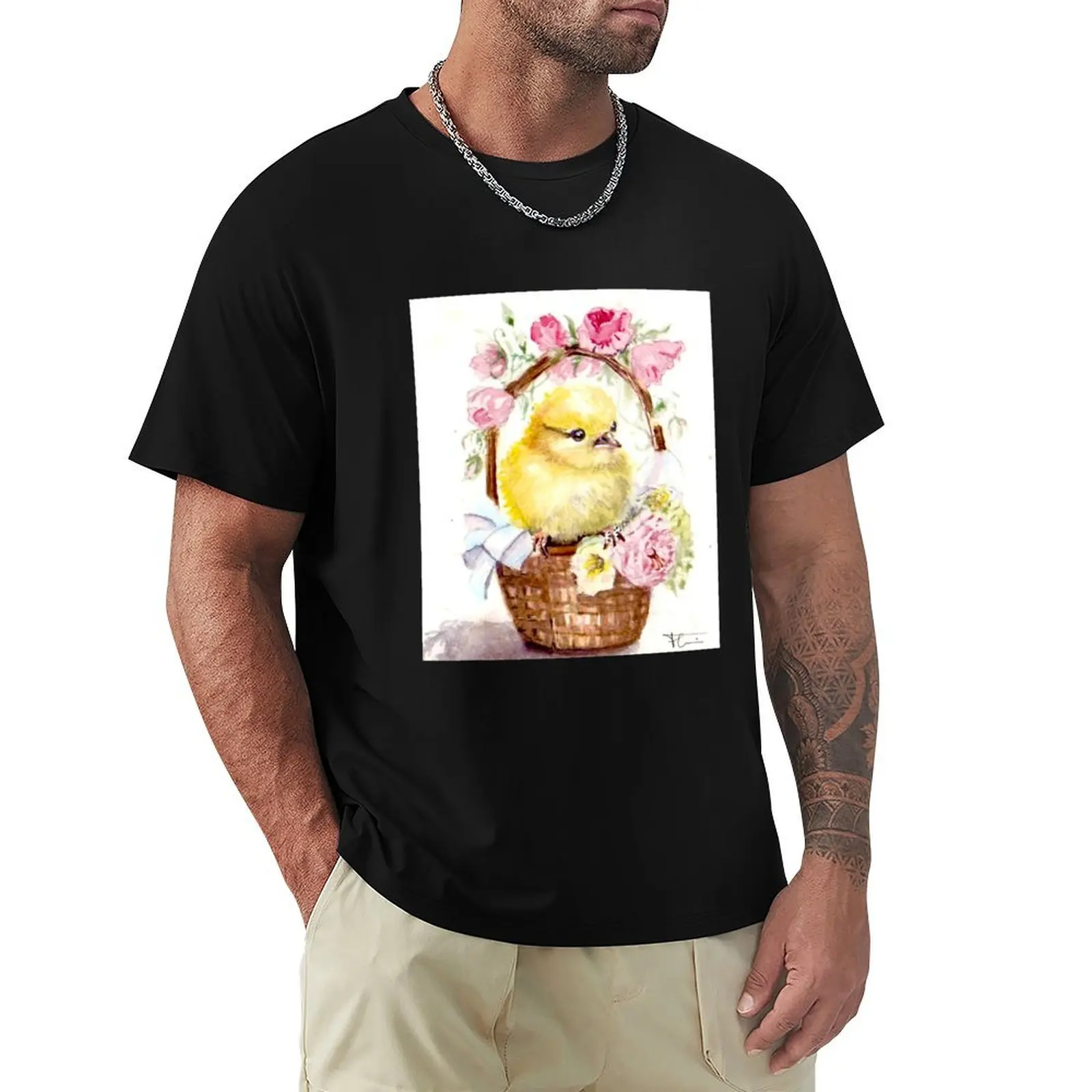 Watercolor, spring chick in basket and roses T-Shirt cotton t shirt man T-Shirt