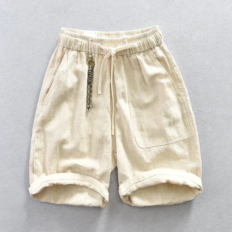 Summer Thin Ramie Shorts Men's Loose Waist Lace-up Casual Pants Linen Trousers Sugar Color Pants