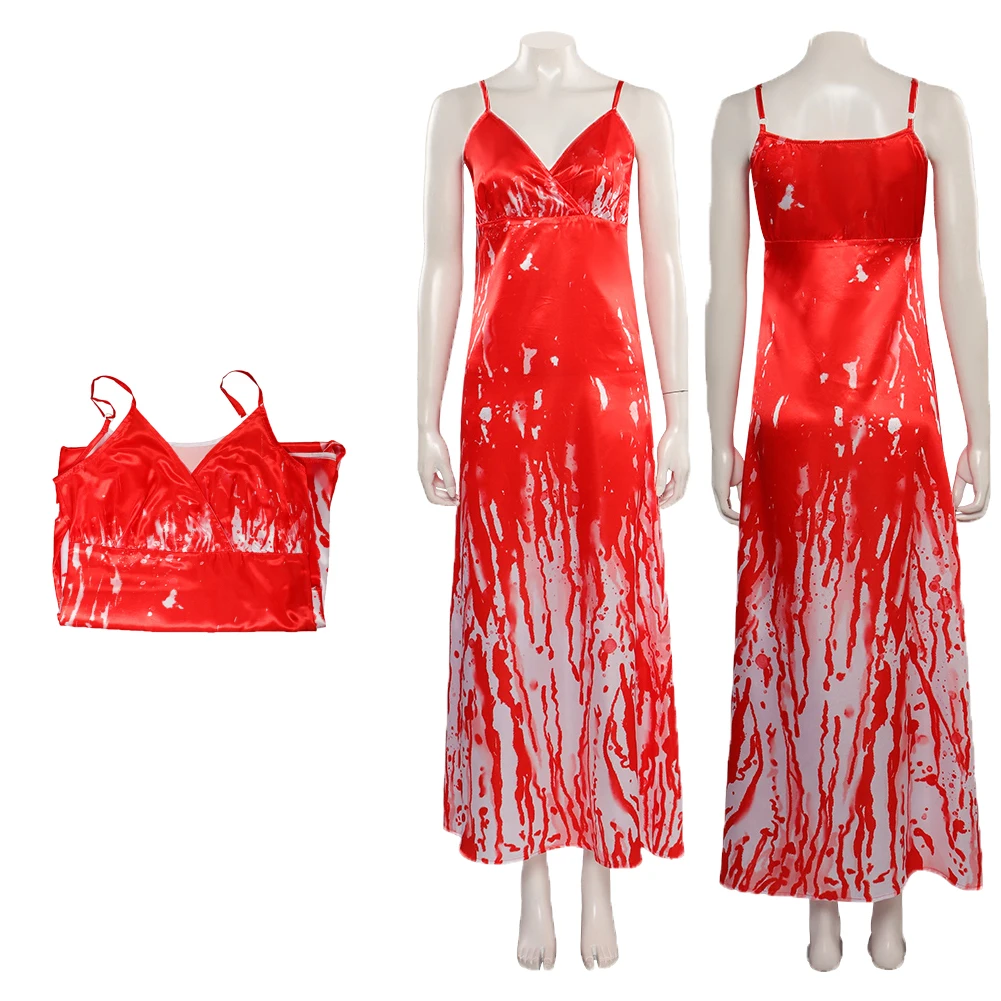 Horror Movie Carrie Cos White Cosplay Costume Outfits Red Printed Dress For Adult Women Roleplay Halloween Carnival Party Suit