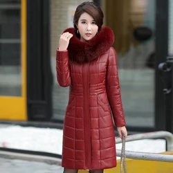 L-8XL New Women Long Leather Overcoat Winter 2021 Mother Sheepskin Coat Thicken Warm Fur Collar Hooded Jacket Outerwear Female