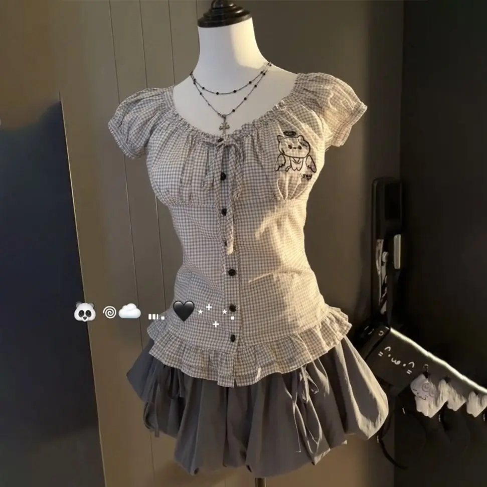 خمر لوليتا 2 قطعة مجموعة المرأة الصيف تصميم Kawaii سليم منقوشة قصيرة الأكمام Y2k القمم الرجعية عالية الخصر التجاعيد البتلة تنورة صغيرة