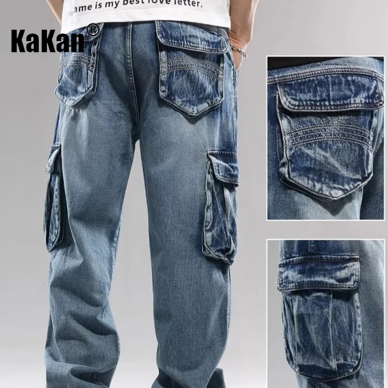 Kakan - 새로운 남성 멀티 포켓 청바지, Y2k 의류 스트리트 루즈 와이드 레그 롱 청바지 청바지 남자 브랜드