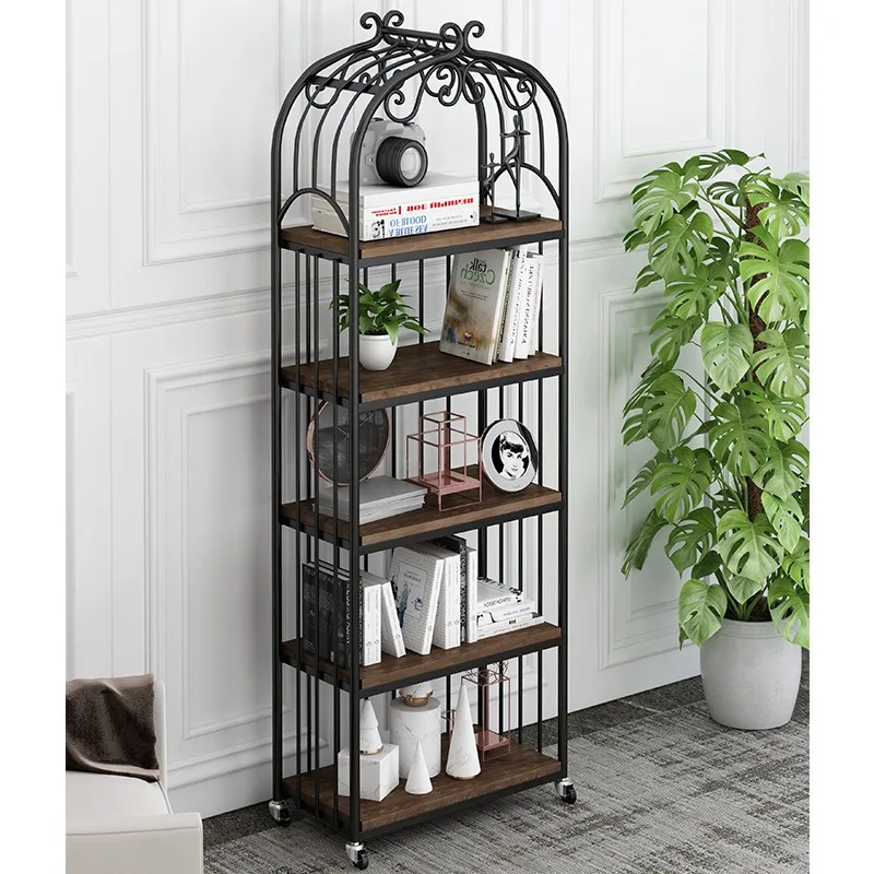 American wrought iron floor bookshelf, solid wood living room indoor flower stand, metal bird cage shelf storage simple