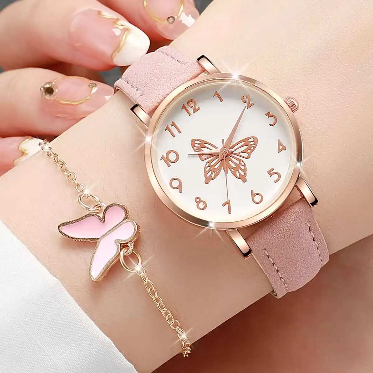 6PCS/Set Fashion Butterfly Dial Women Quartz Watch Simple Leather Strap Wrist Watches Jewelry Set Reloj Mujer（Without Box）