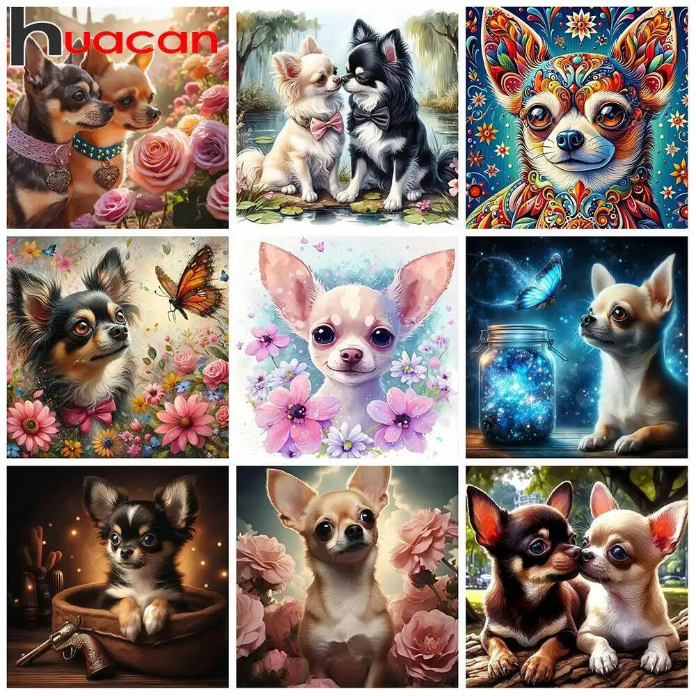Huacan Diamant-Gemälde, 5D-Hund, Tierfassung, Sonne, Fluss, Landschaft, volles rundes Diamant-Mosaik, Raumwanddekoration