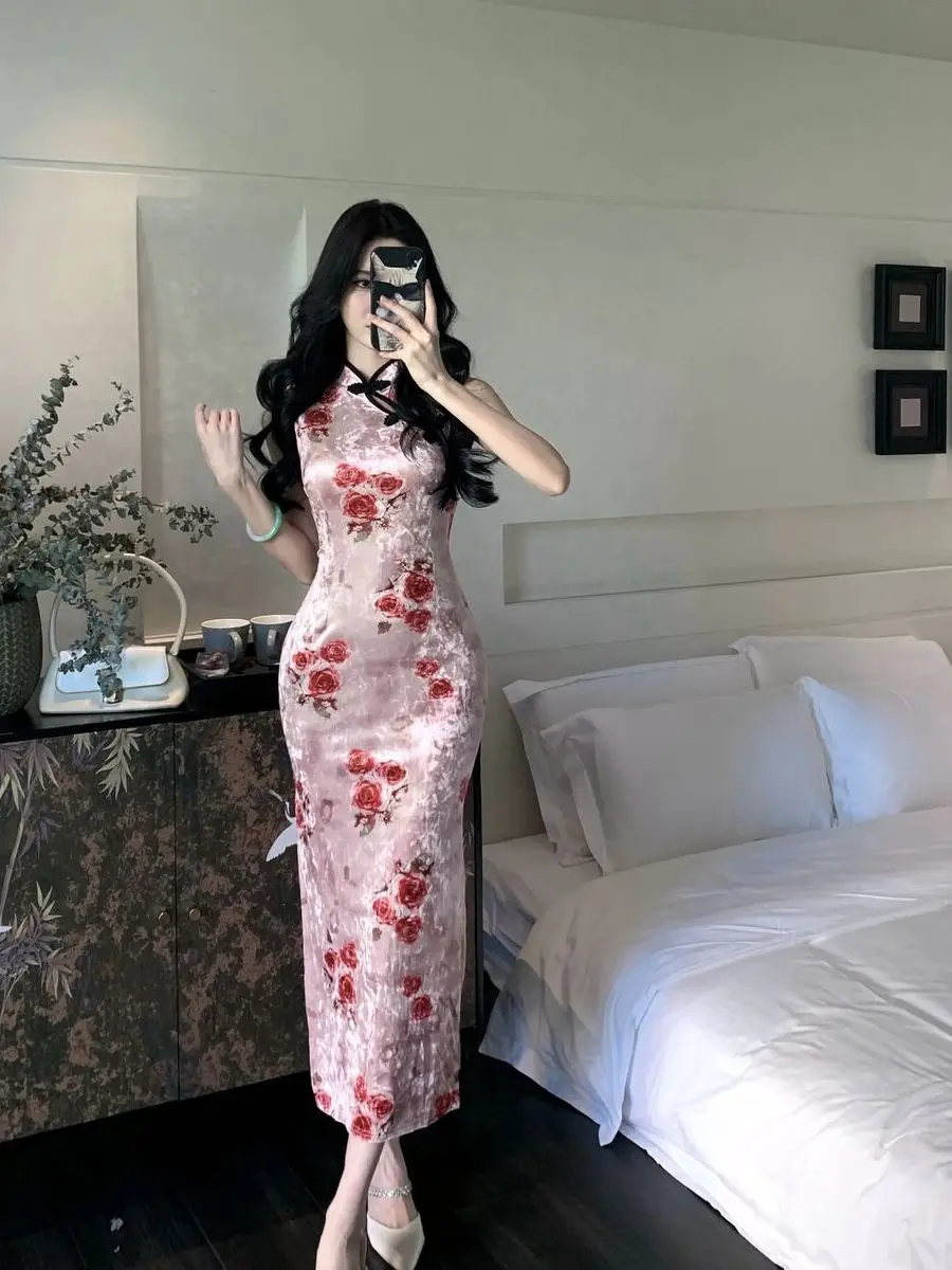 

New Chinese Style Velvet Print Modified Qipao Dress Traditional Ethnic Double Slit Body Slimming Long Skirt High Waist Spring...