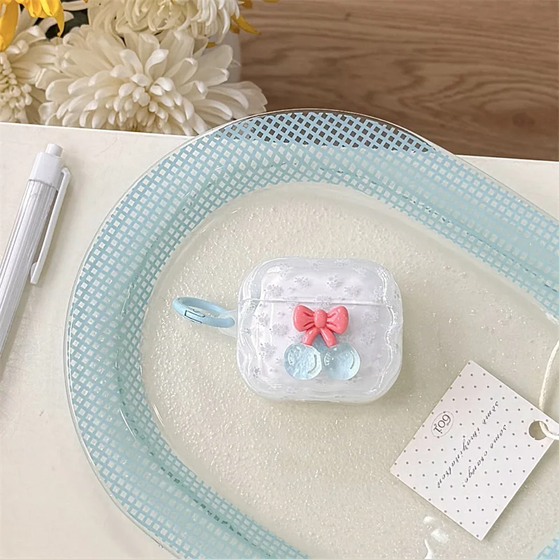 

Creativity Pink cherries wings Pattern Splicing Bead Ring Pendant earphone cover Case Cover for AirPods 1 or 2 3 4 Pro 2 Pro 3