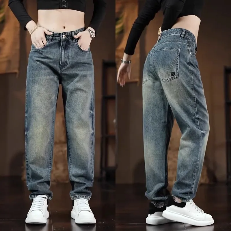 

Модные американские джинсы-слимфит для мужчин, свободные брюки-шаровары прямого кроя из хлопка, повседневные, с вышивкой, осенняя коллекция