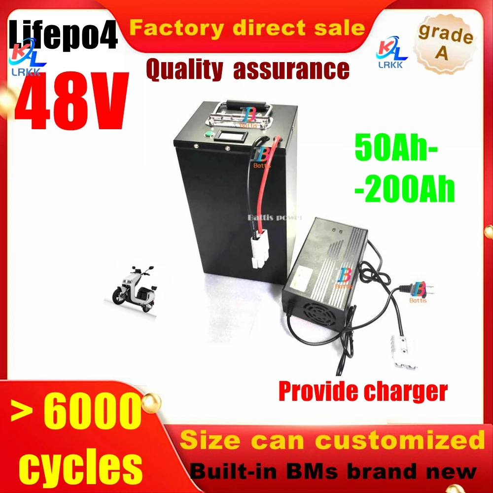 LRKK 48V 50Ah 60Ah 70Ah 80Ah 100Ah 150Ah 180Ah 200Ah Lifepo4 Lithium Battery for 2KW 5KW Scooter Motorcycle Tricycle Bicycle EV