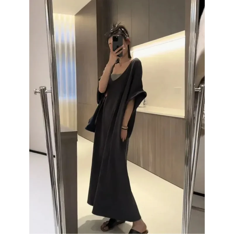 Lazy Style V-neck Patchwork Over-the-knee Loose Slimming T-shirt Dress