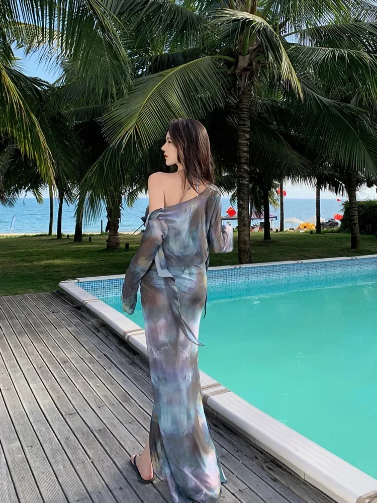 Traje de baño coreano 2025 para mujer, Sexy, negro, teñido anudado, manga larga, falda larga, conjunto de Bikini de 4 piezas, traje de baño para vacaciones