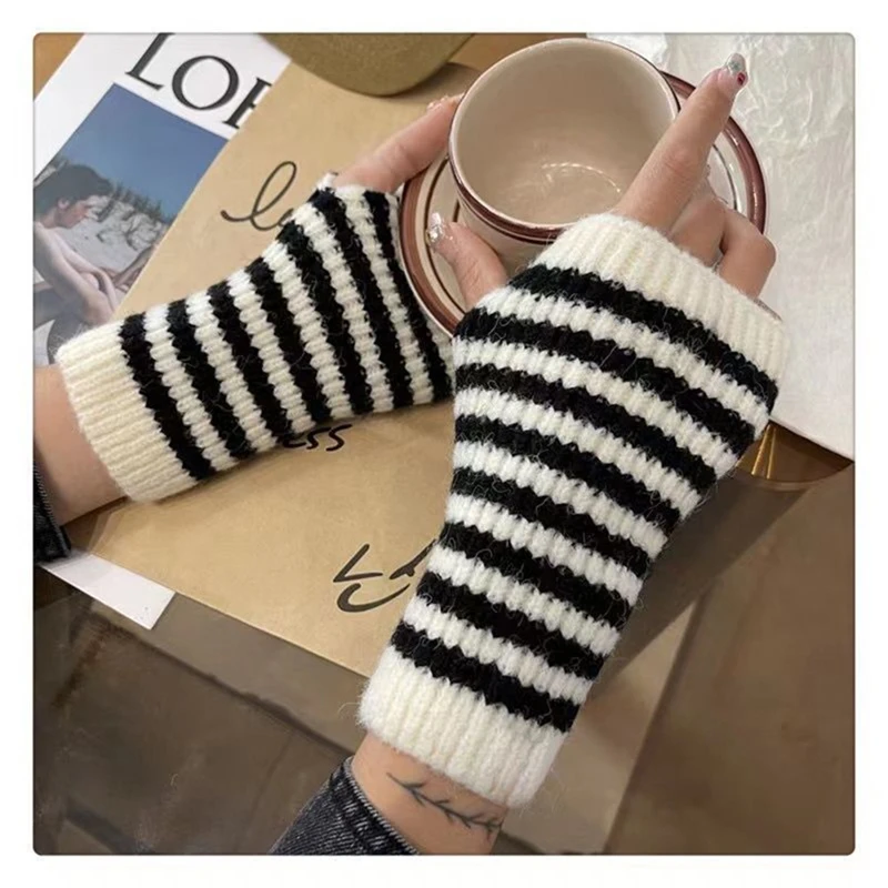 Short Striped Fingerless Gloves Knitted Arm Warmers Women Autumn Winter Wrist Sleeves Soft Thumb Hole Hand Warmer Mitten - view 2