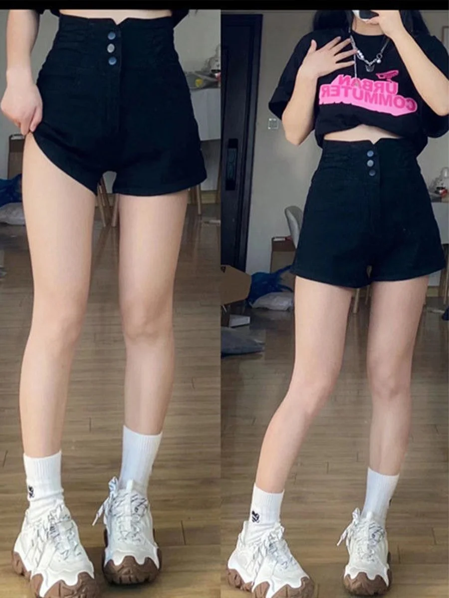 

High Waist Black Denim Shorts Women plus Size Slimming A-Line Sexy Spring Summer Fashion Pear Shape Body Type Casual Wear