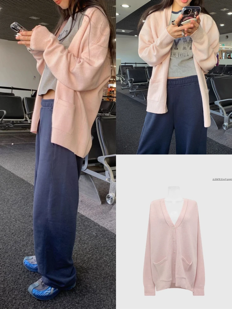 

Comfortable Pink Knitted Open Cardigan Women's Casual Sle Spring Faion Simple Design Long Sve V-Ne Regular Fit Top